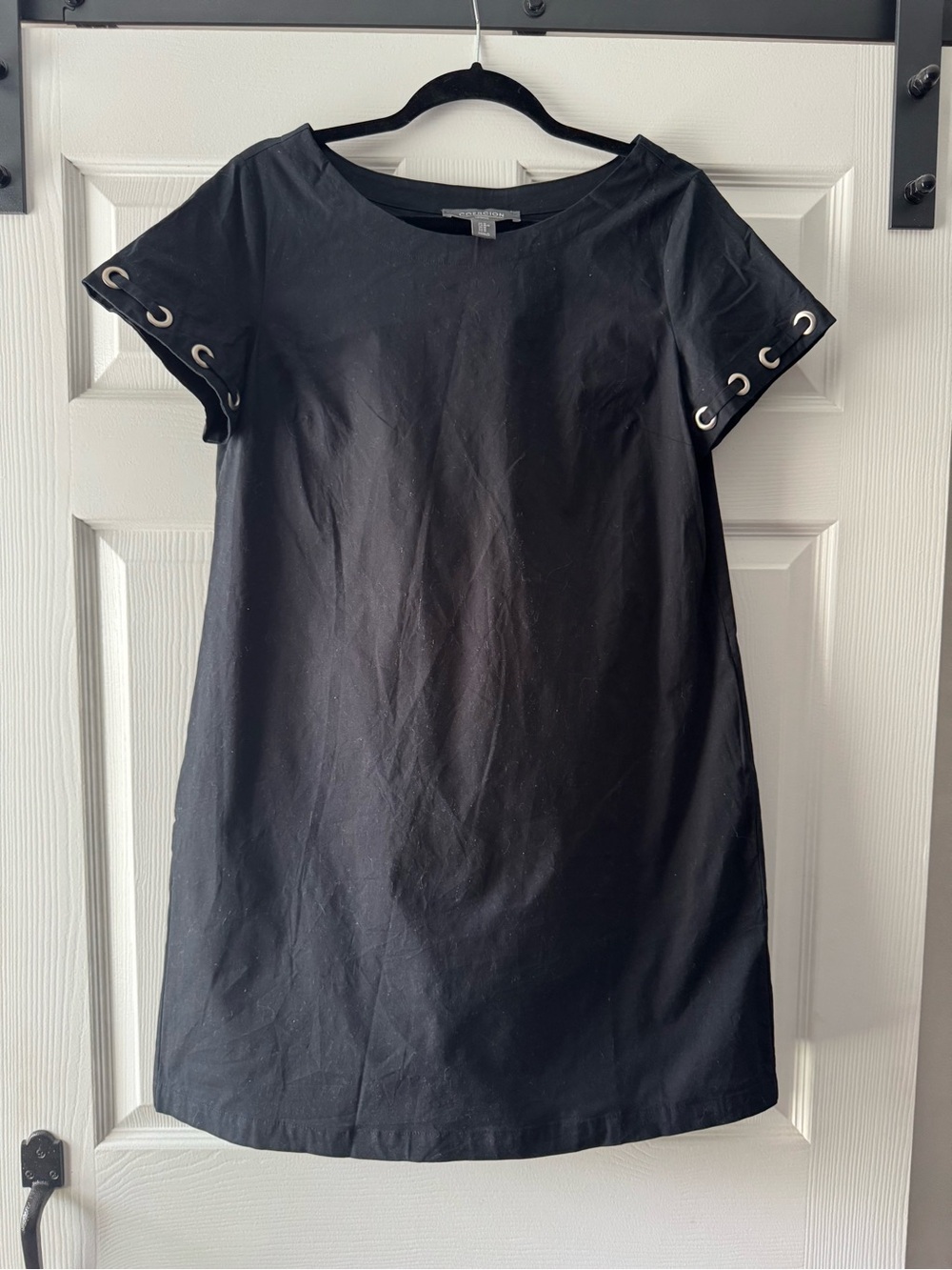 Black Short Sleeve Shift Dress with Grommet Detail